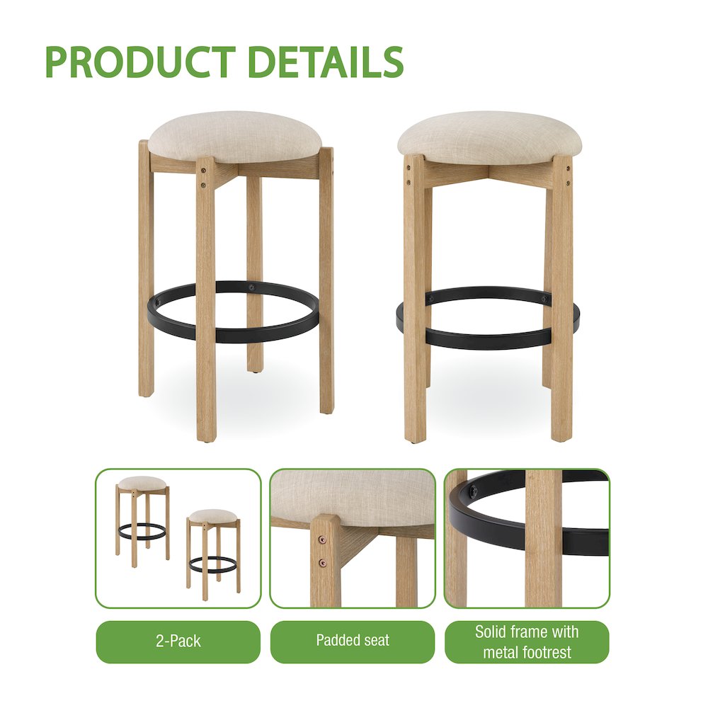Melissa 26" Counter Stools 2-Pack With Cream Fabric Seat and Natural Finish Wood. Picture 10