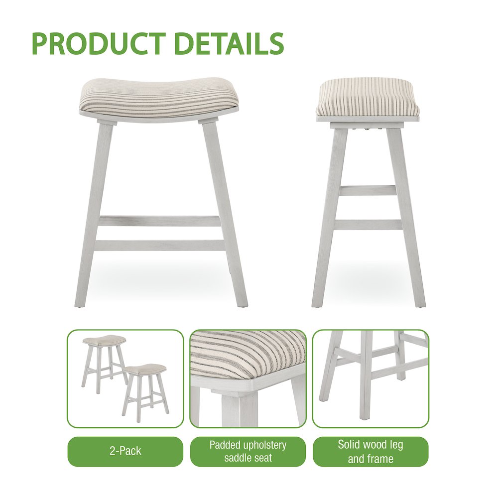 24" Saddle Stool 2-Pack With Cream Pin Stripe Fabric Seat And White Wash Frame. Picture 10