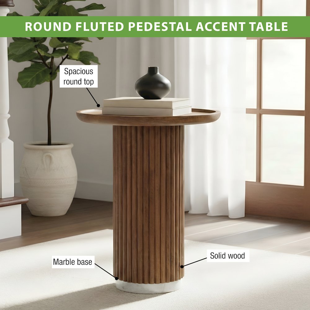 Round Solid Wood Pedestal Fluted Accent Table in Golden Honey Finish. Picture 5