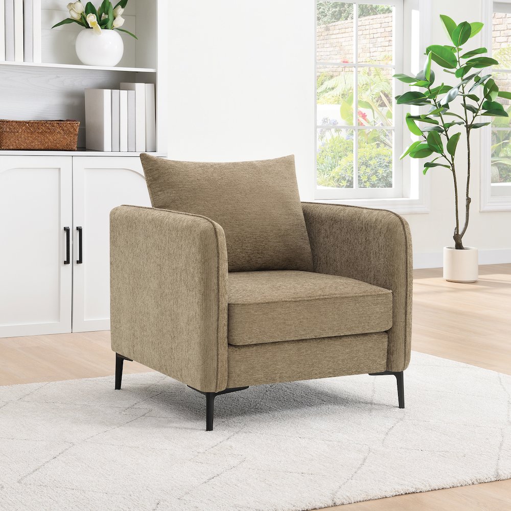 Newhaven Accent Chair in Taupe Fabric with Black Metal Legs. Picture 2