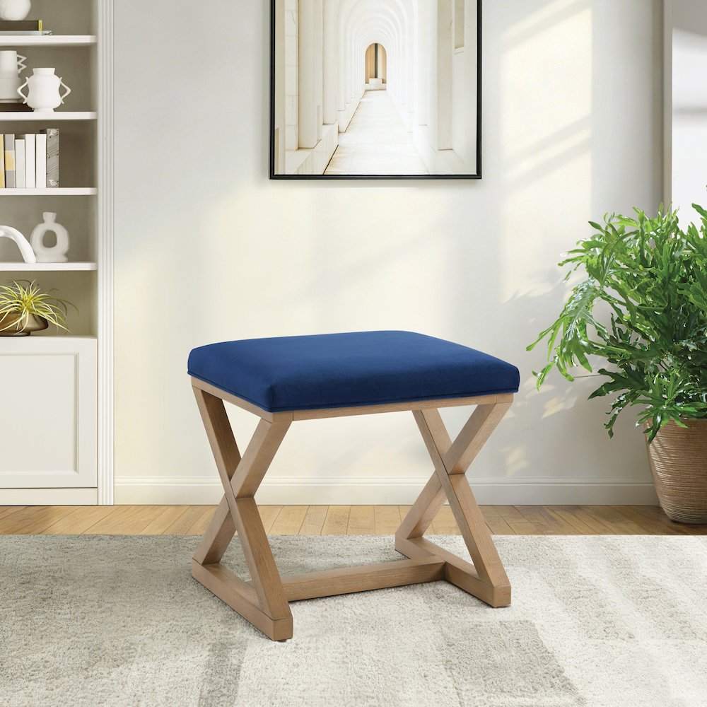 Carson X-Frame Stool in Navy Fabric and Medium Oak Finish Wood. Picture 7