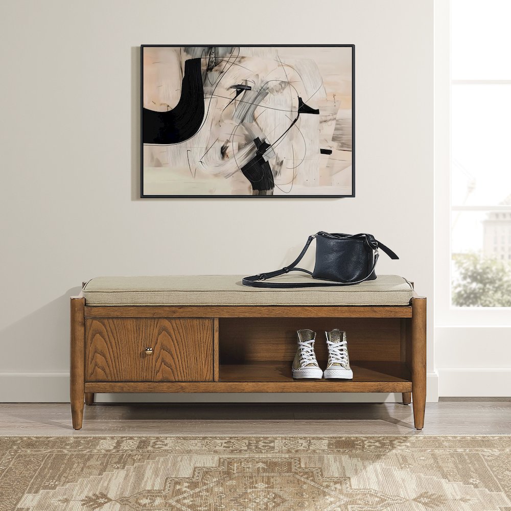 Marilyn Storage Bench with Walnut Wood finished and Brown Fabric Padded seat. Picture 9