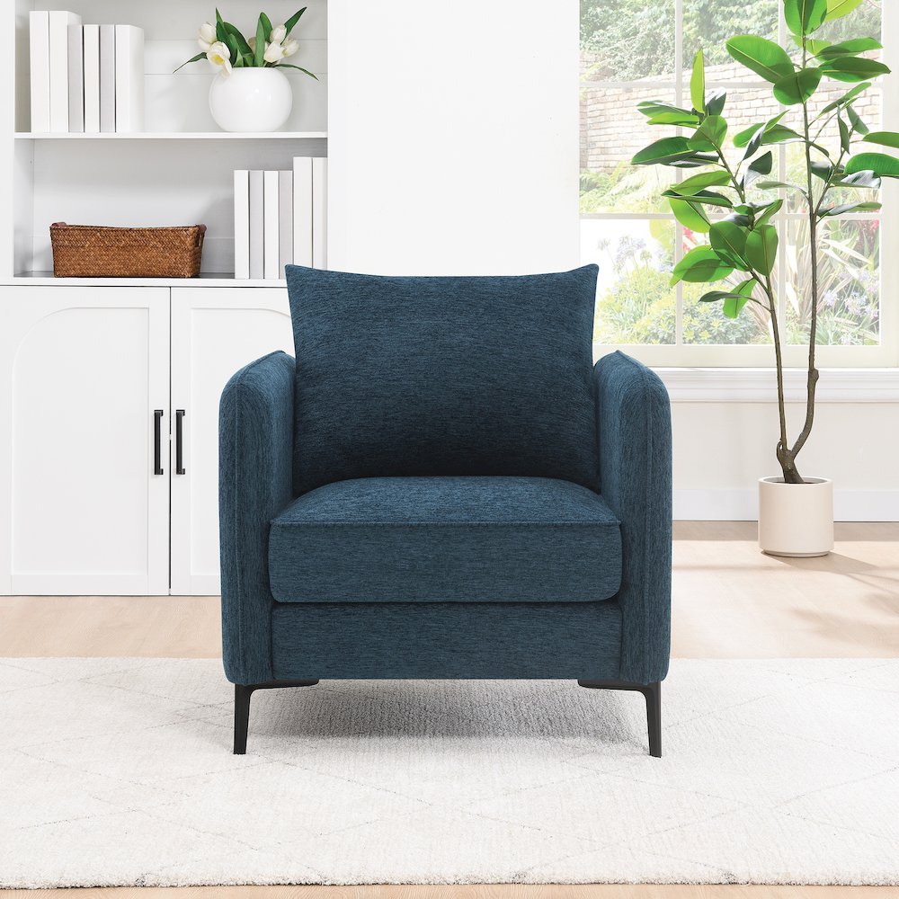 Newhaven Accent Chair in Navy Green Fabric with Black Metal Legs. Picture 3