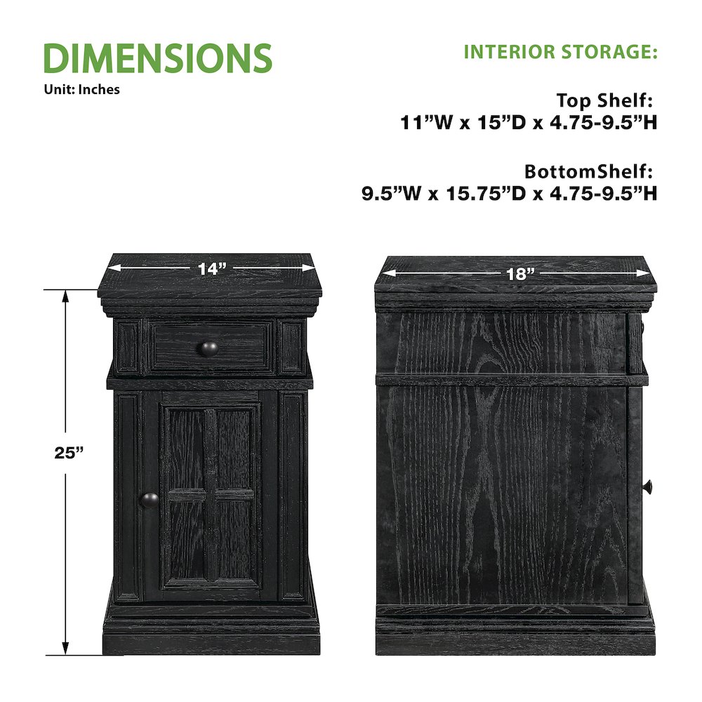 Chair Side Table with 1 Drawer and 1 Glass Door with Power Strip in Black Finish. Picture 4