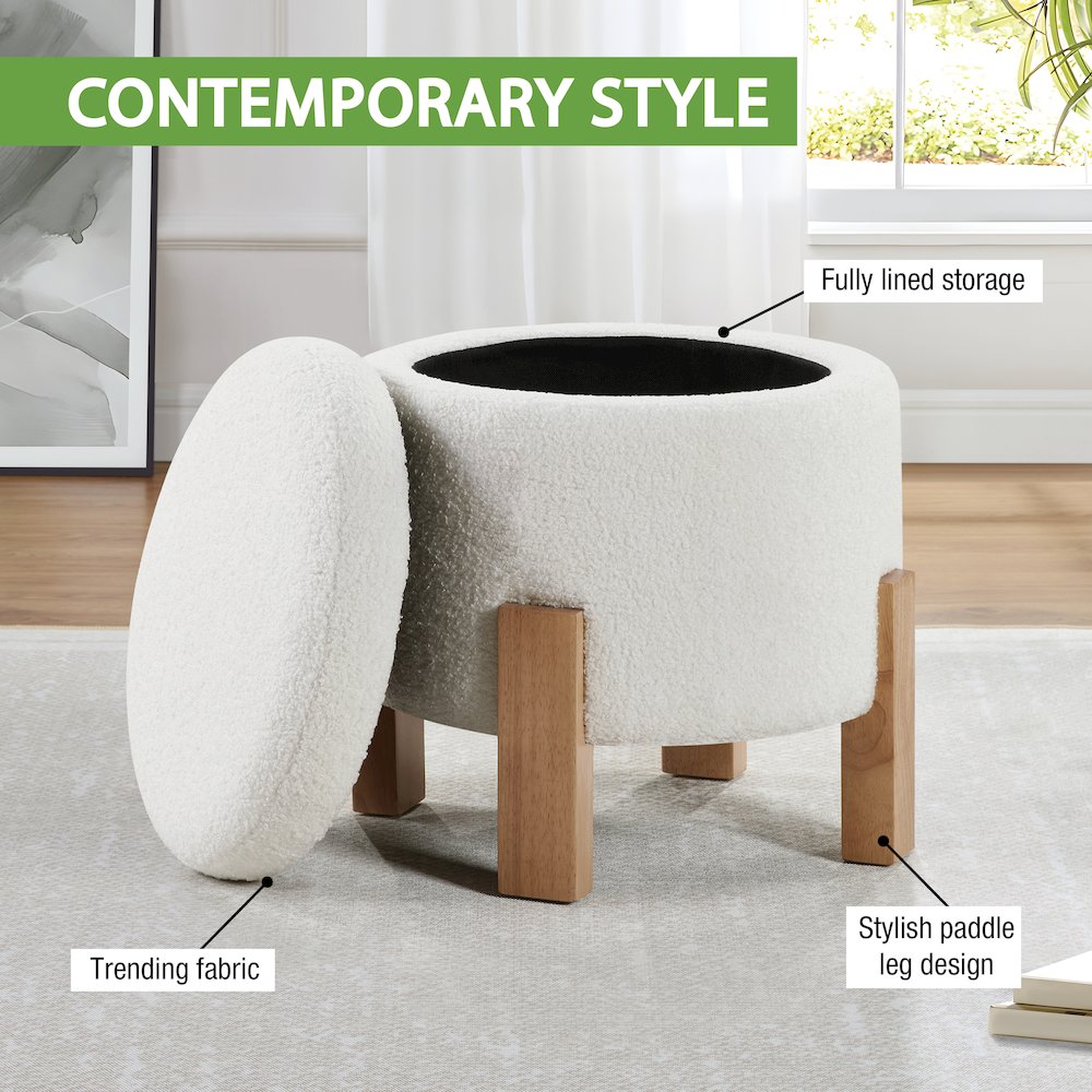 Annie Storage Ottoman in Ivory Sherpa Fabric with Natural Finish Legs. Picture 8