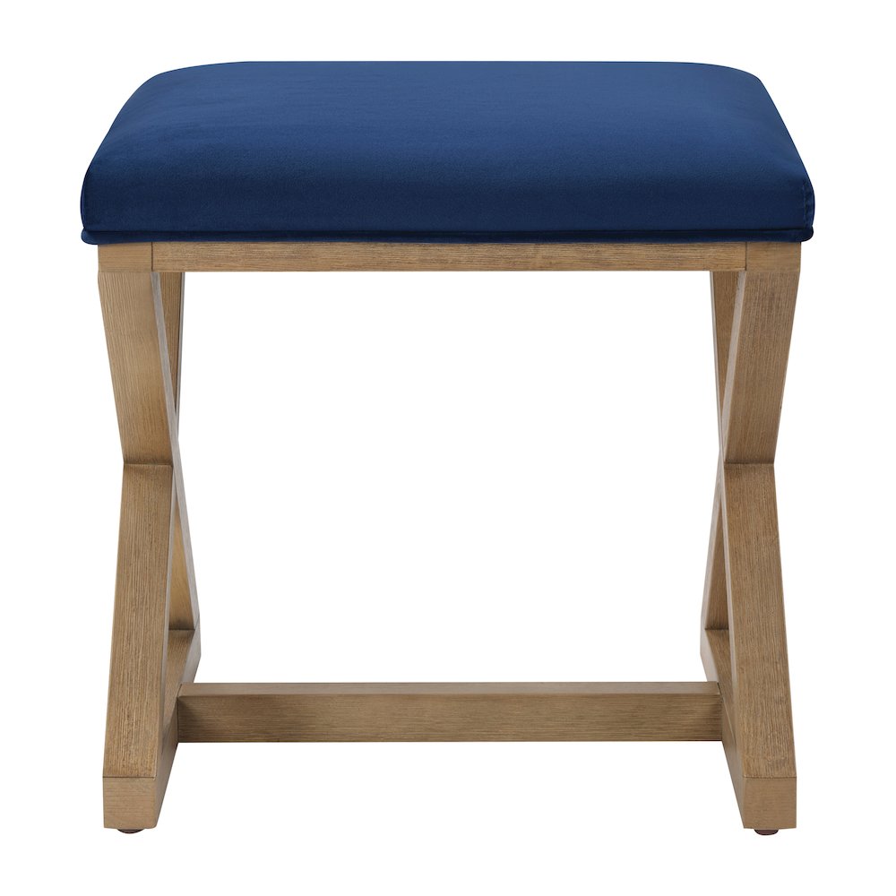 Carson X-Frame Stool in Navy Fabric and Medium Oak Finish Wood. Picture 2
