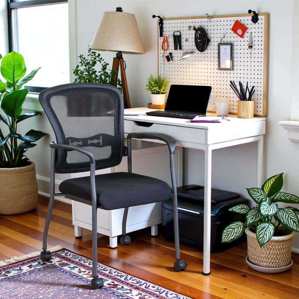 Black Guest Chair With Arms – Stackable Chair With Wheels for Offices. Picture 2
