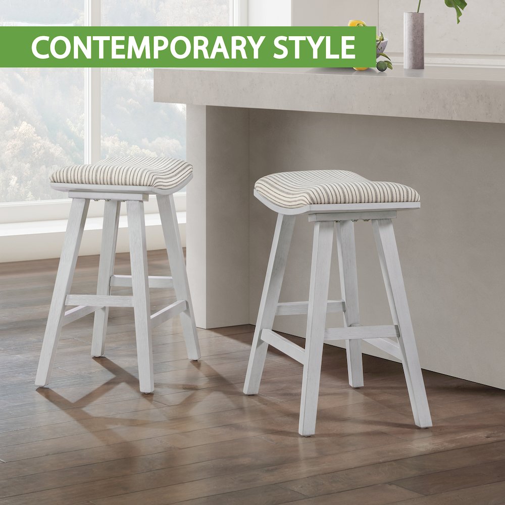 24" Saddle Stool 2-Pack With Cream Pin Stripe Fabric Seat And White Wash Frame. Picture 11