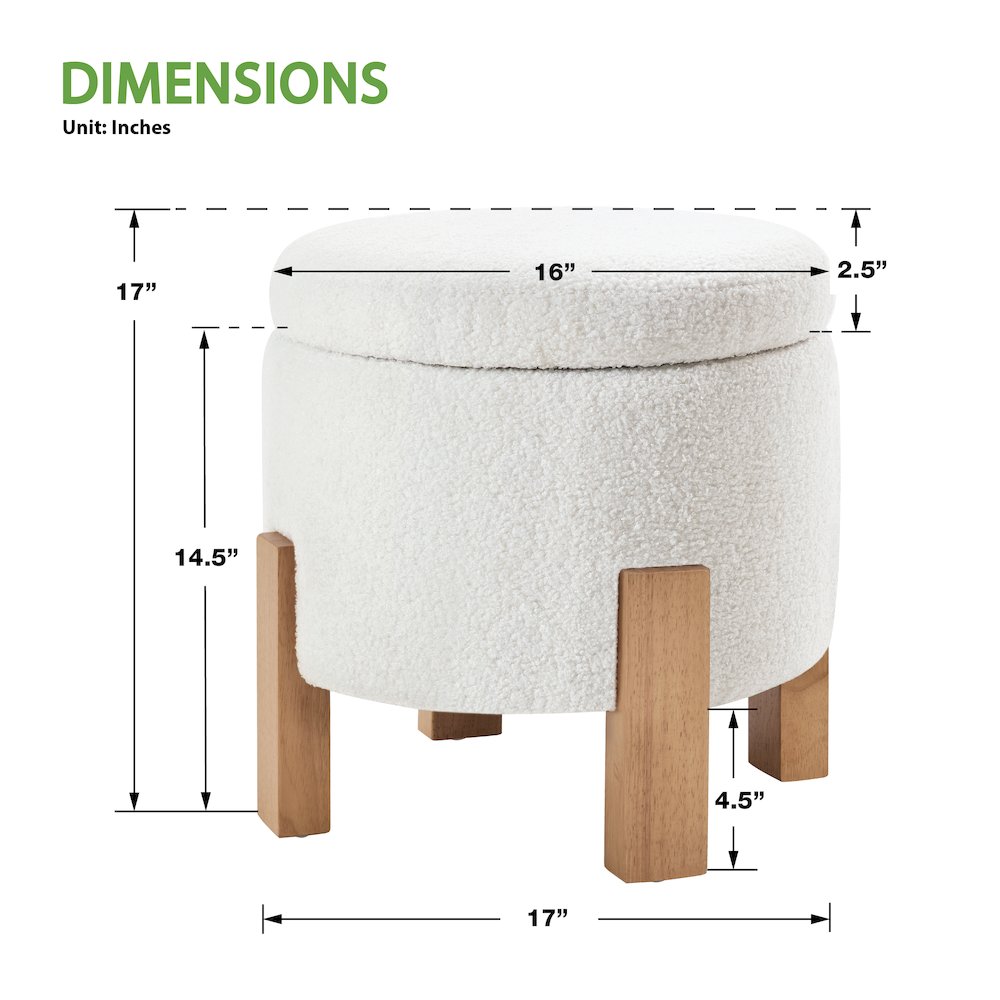 Annie Storage Ottoman in Ivory Sherpa Fabric with Natural Finish Legs. Picture 2