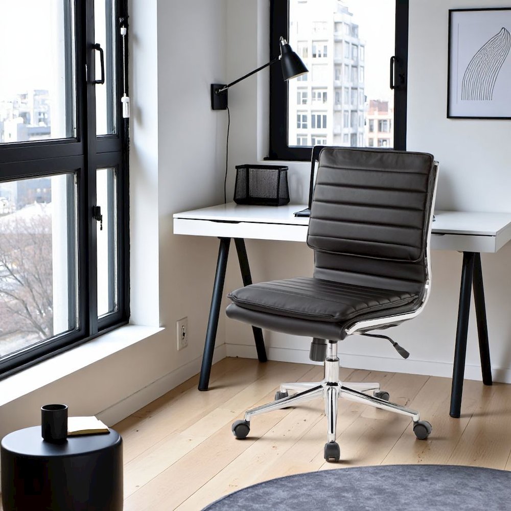 Armless Black Modern Office Chair – Faux Leather Small Desk Seating. Picture 2