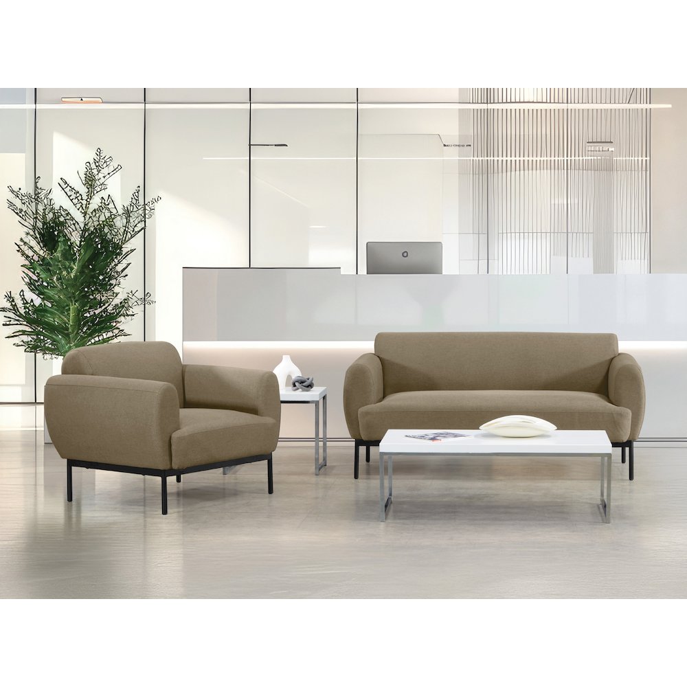 Delta Armchair in Taupe Fabric with Black Metal Legs. Picture 8