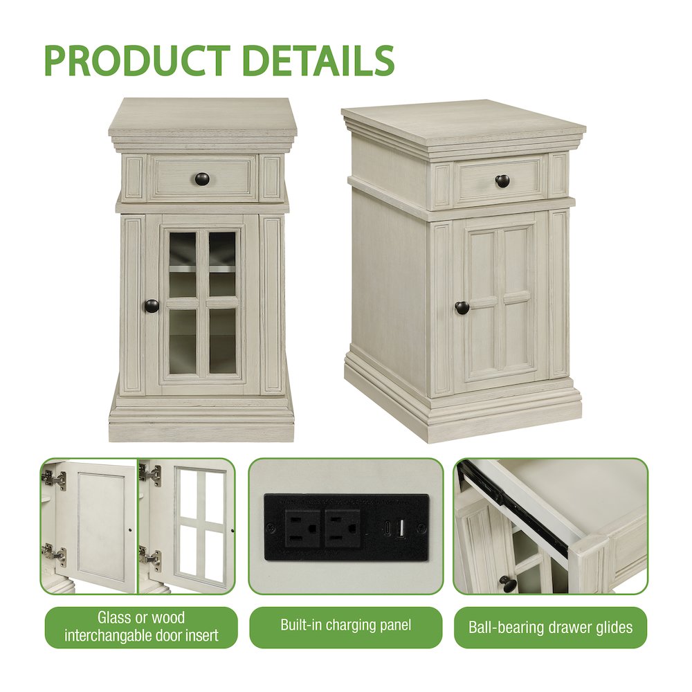 Chair Side Table with 1 Drawer and 1 Glass Door with Power Strip in White Finish. Picture 12