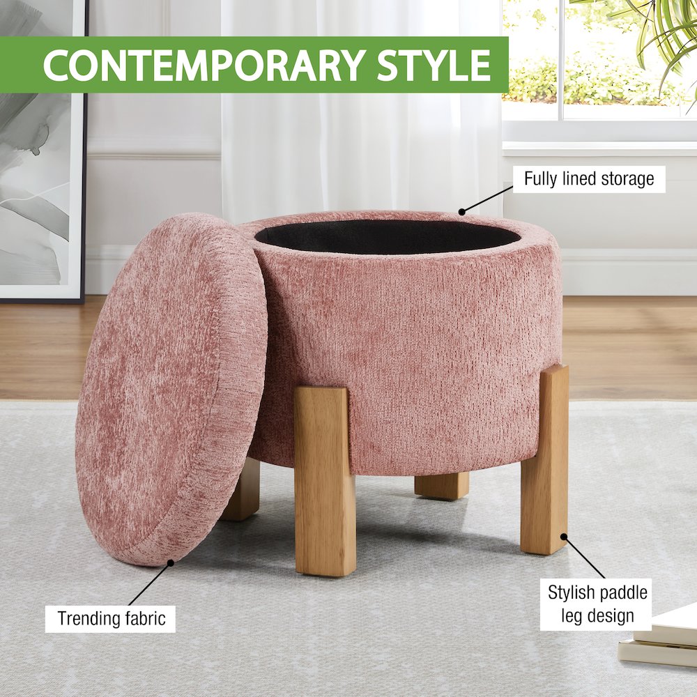 Annie Storage Ottoman in Rose Fabric with Natural Finish Legs. Picture 8