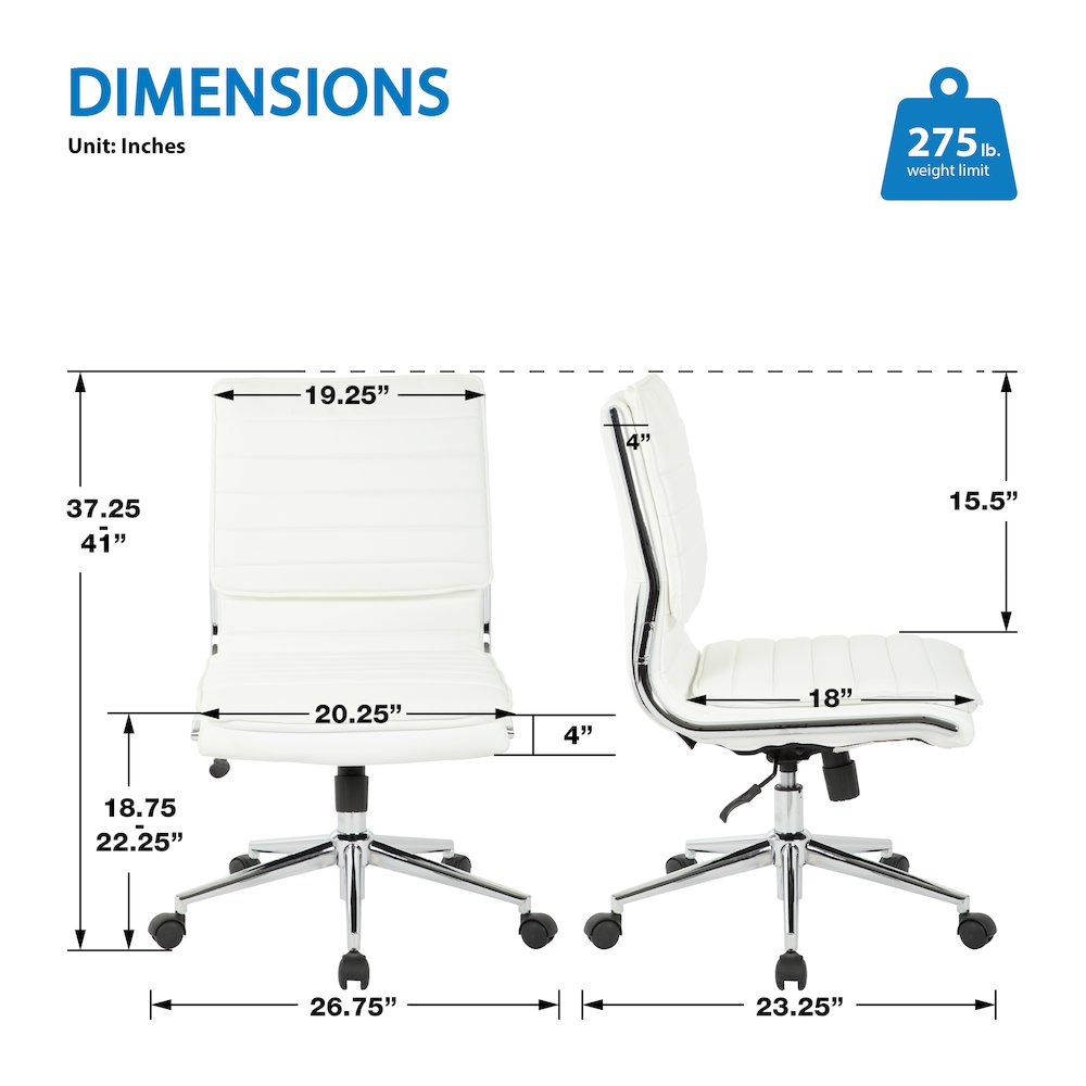 Armless Mid Back Manager's Faux Leather Chair in White with Chrome Base.. Picture 7