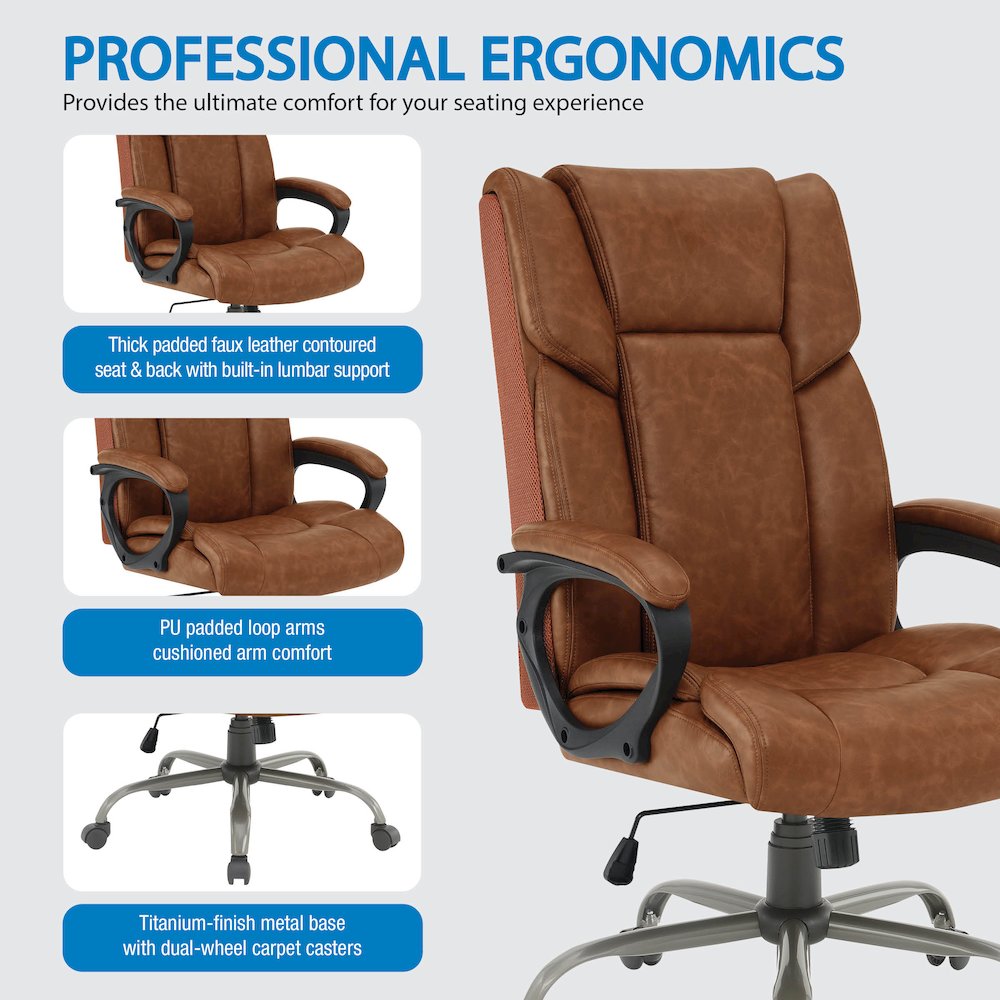 High-Back in Saddle Faux Leather Executive Chair with Padded Arms. Picture 7