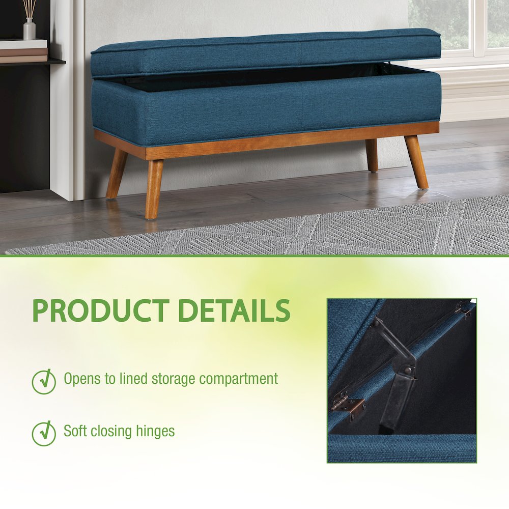 Katheryn Storage Bench in Azure Fabric with Spice Finish Legs. Picture 9