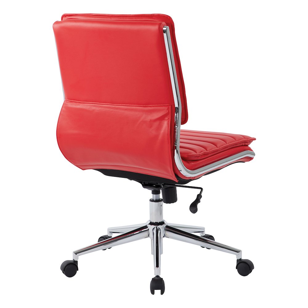 Armless Mid Back Manager's Faux Leather Chair in Red with Chrome Base.. Picture 5