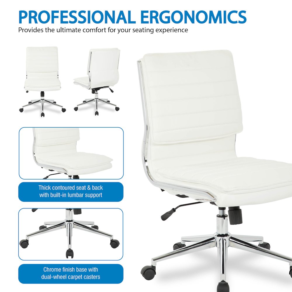 Armless Mid Back Manager's Faux Leather Chair in White with Chrome Base.. Picture 10