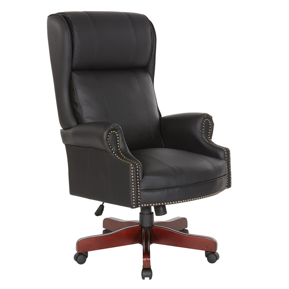 Traditional Executive High Back Chair with Black Vinyl and Brass Finish Nail Trim Upholstery, TEX280-3. Picture 1
