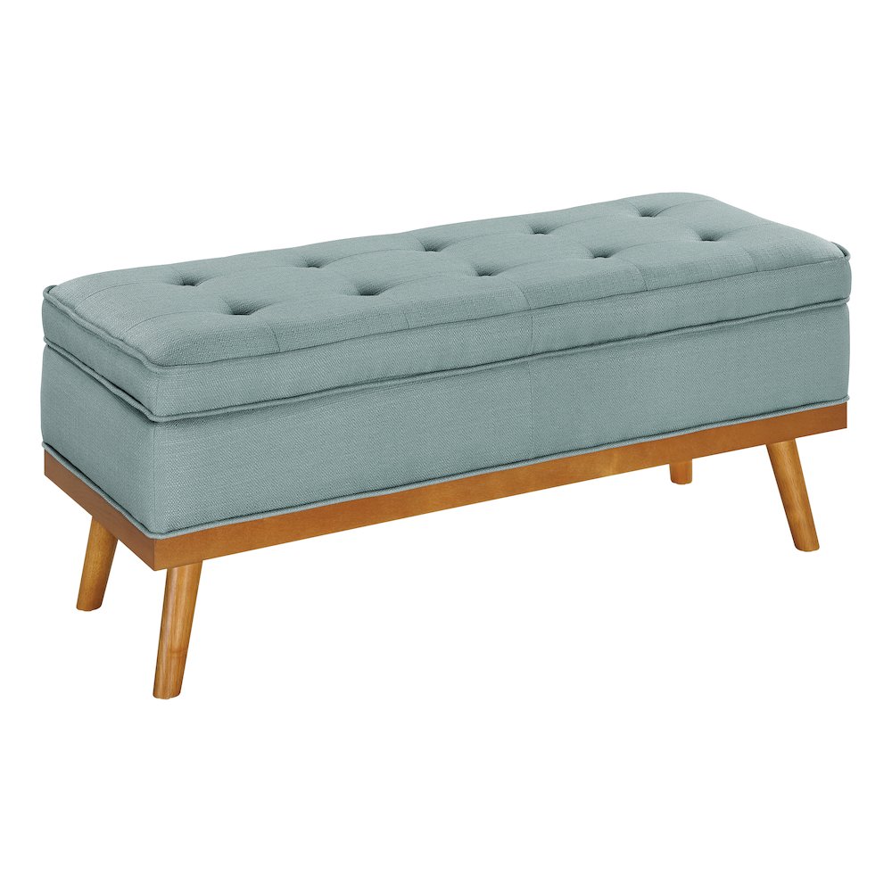 Katheryn Storage Bench in Sea Blue Fabric with Spice Finish Legs. Picture 1