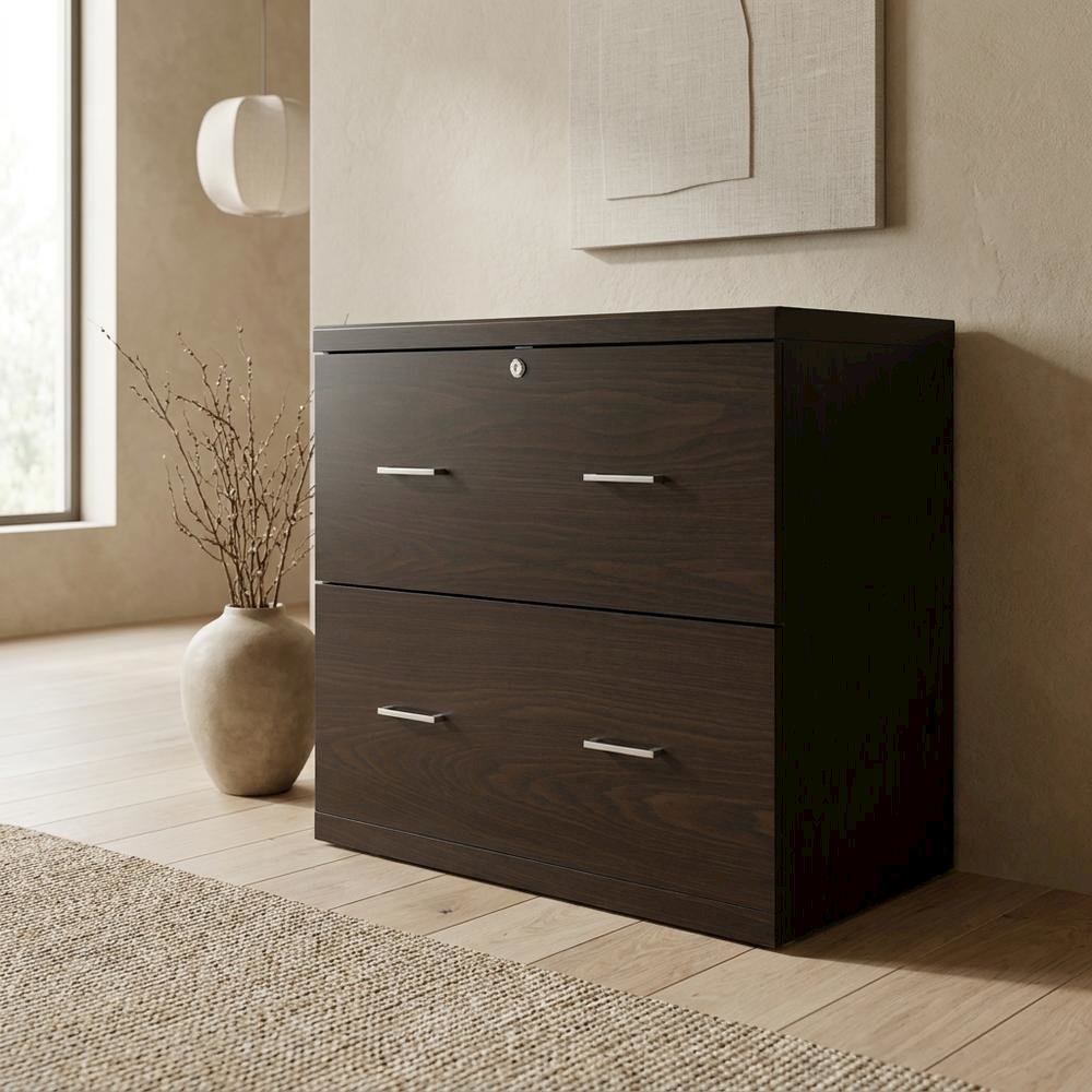 Brown Engineered Wood Wide Two-Drawer Lateral File Cabinet Office. Picture 3