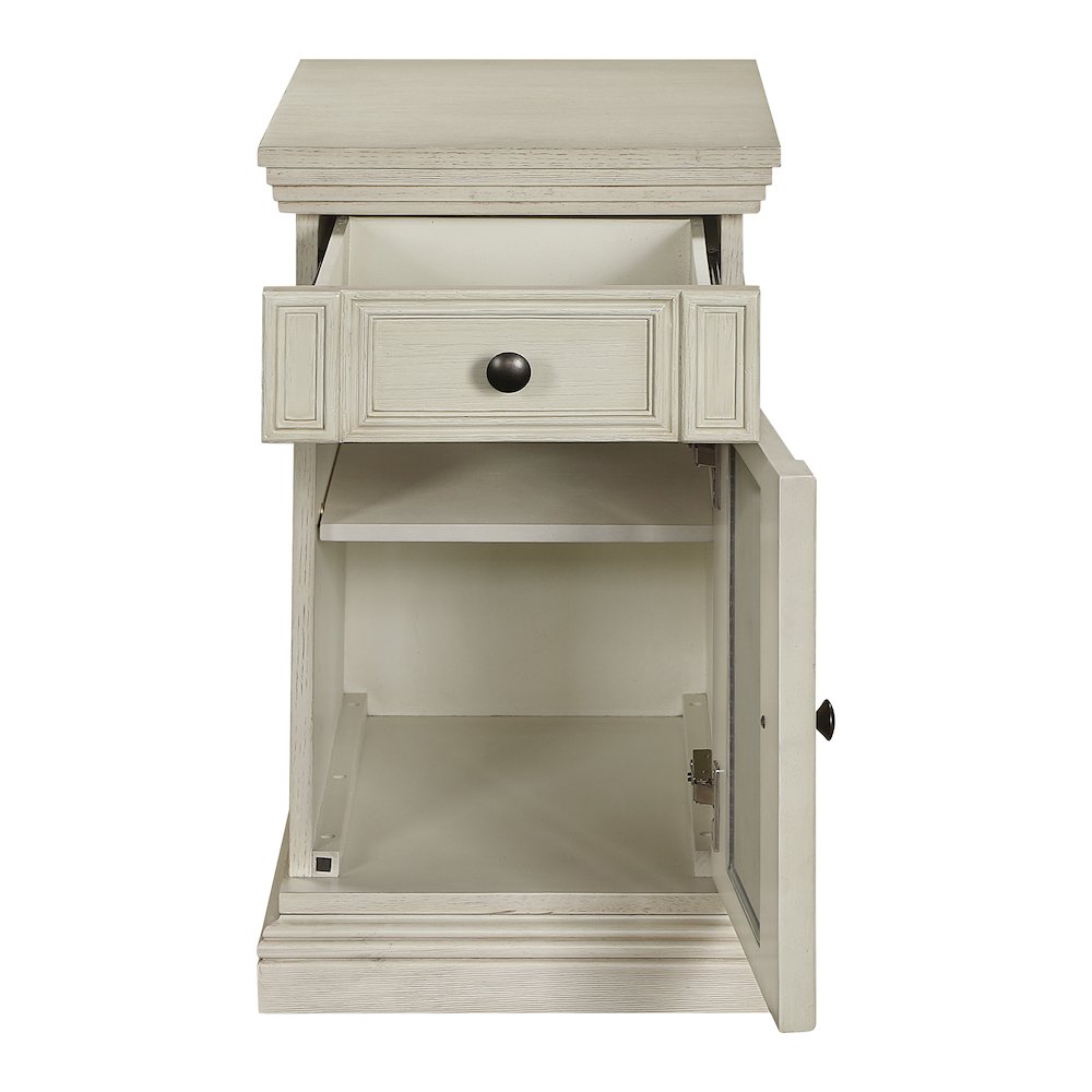Chair Side Table with 1 Drawer and 1 Glass Door with Power Strip in White Finish. Picture 7