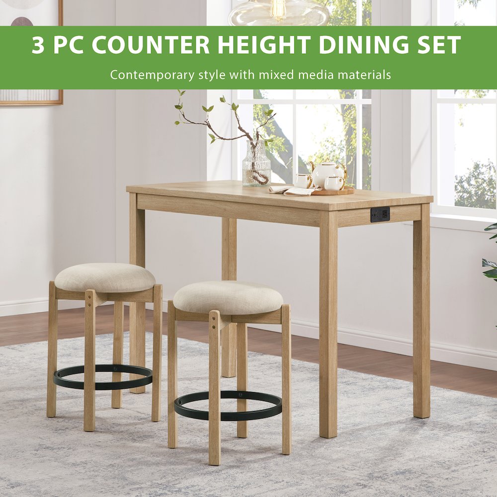 Melissa 3-PC  Counter Height Table Dining Set with Power, 2 Stools. Picture 16