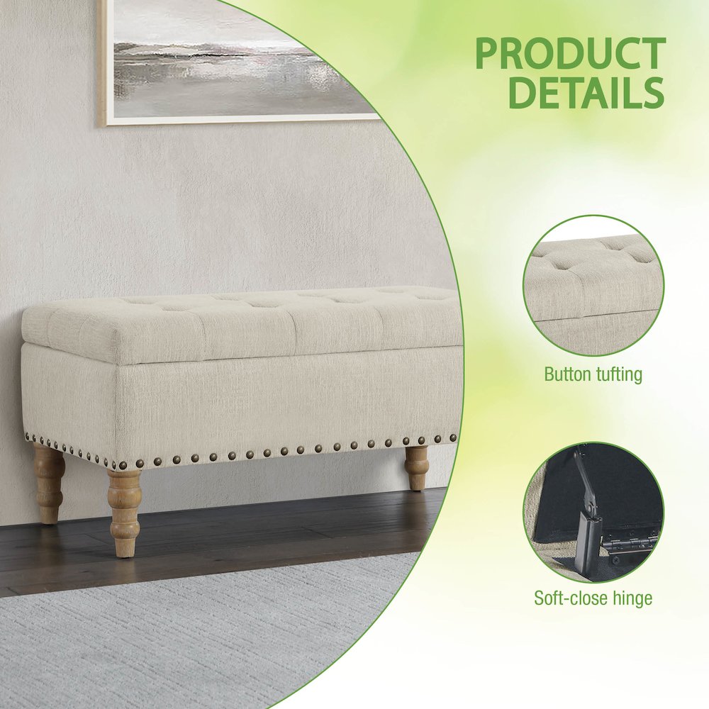 Woodbury Storage Bench in Linen with Antique Bronze Nail Heads with Brushed Legs. Picture 12