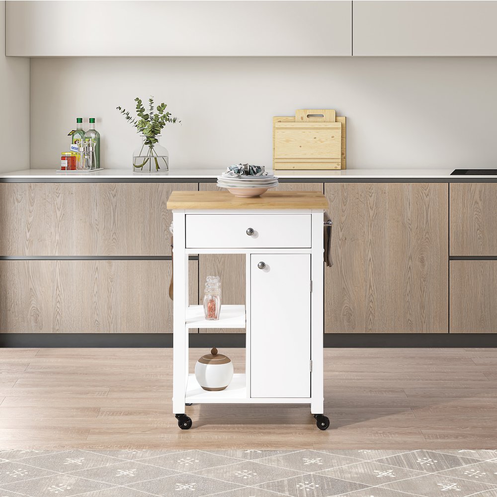 Derry Kitchen Cart with Natural Butcher Block Top With White Finish. Picture 10