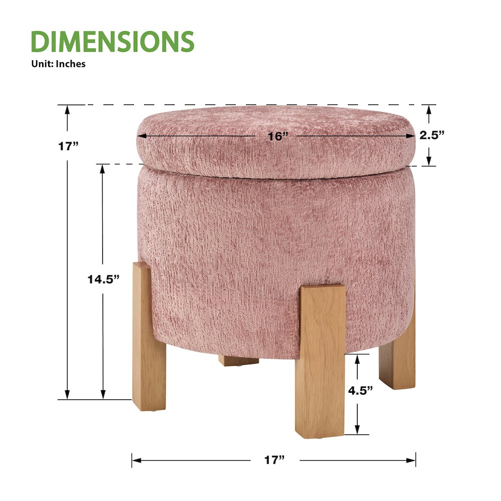 Annie Storage Ottoman in Rose Fabric with Natural Finish Legs. Picture 2
