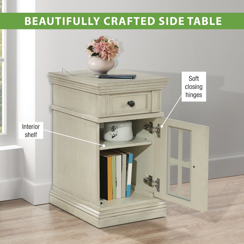 Chair Side Table with 1 Drawer and 1 Glass Door with Power Strip in White Finish. Picture 14