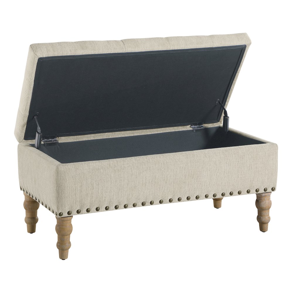 Woodbury Storage Bench in Linen with Antique Bronze Nail Heads with Brushed Legs. Picture 7