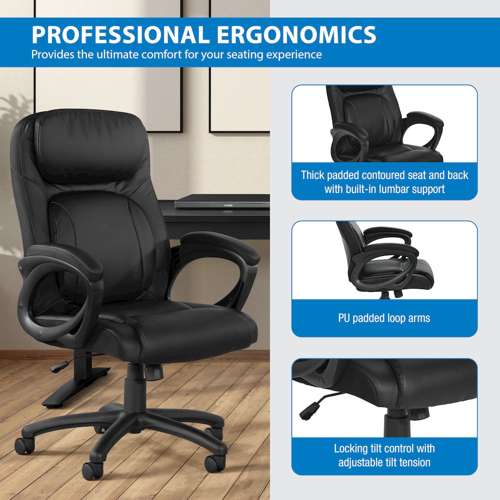 BlackFaux Leather Manager’s Chair with Padded Arms and Black Nylon Base. Picture 9