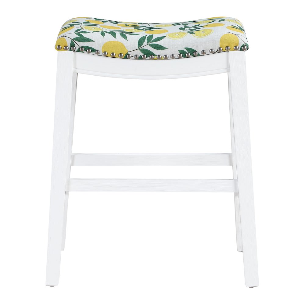 Saddle Stool 24" in lemons Fabric With White Wood Finish 2-Pack. Picture 3