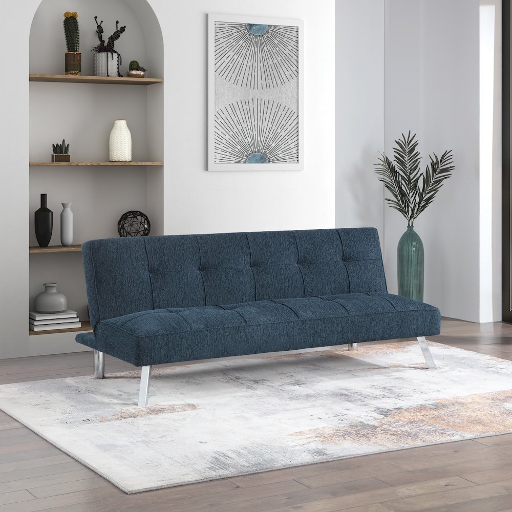 Kenneth Futon in Indigo Fabric and Chrome Legs. Picture 9