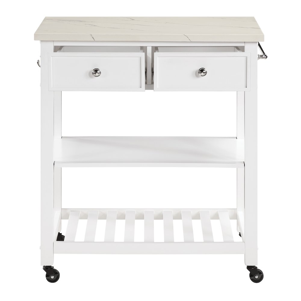 Litchfield Kitchen Cart With Faux Marble Top in White Finish. Picture 6