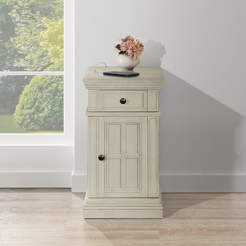 Chair Side Table with 1 Drawer and 1 Glass Door with Power Strip in White Finish. Picture 9