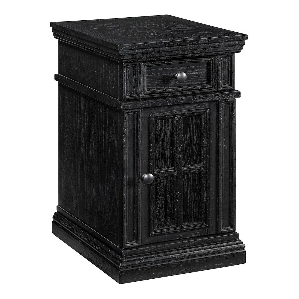 Chair Side Table with 1 Drawer and 1 Glass Door with Power Strip in Black Finish. Picture 1