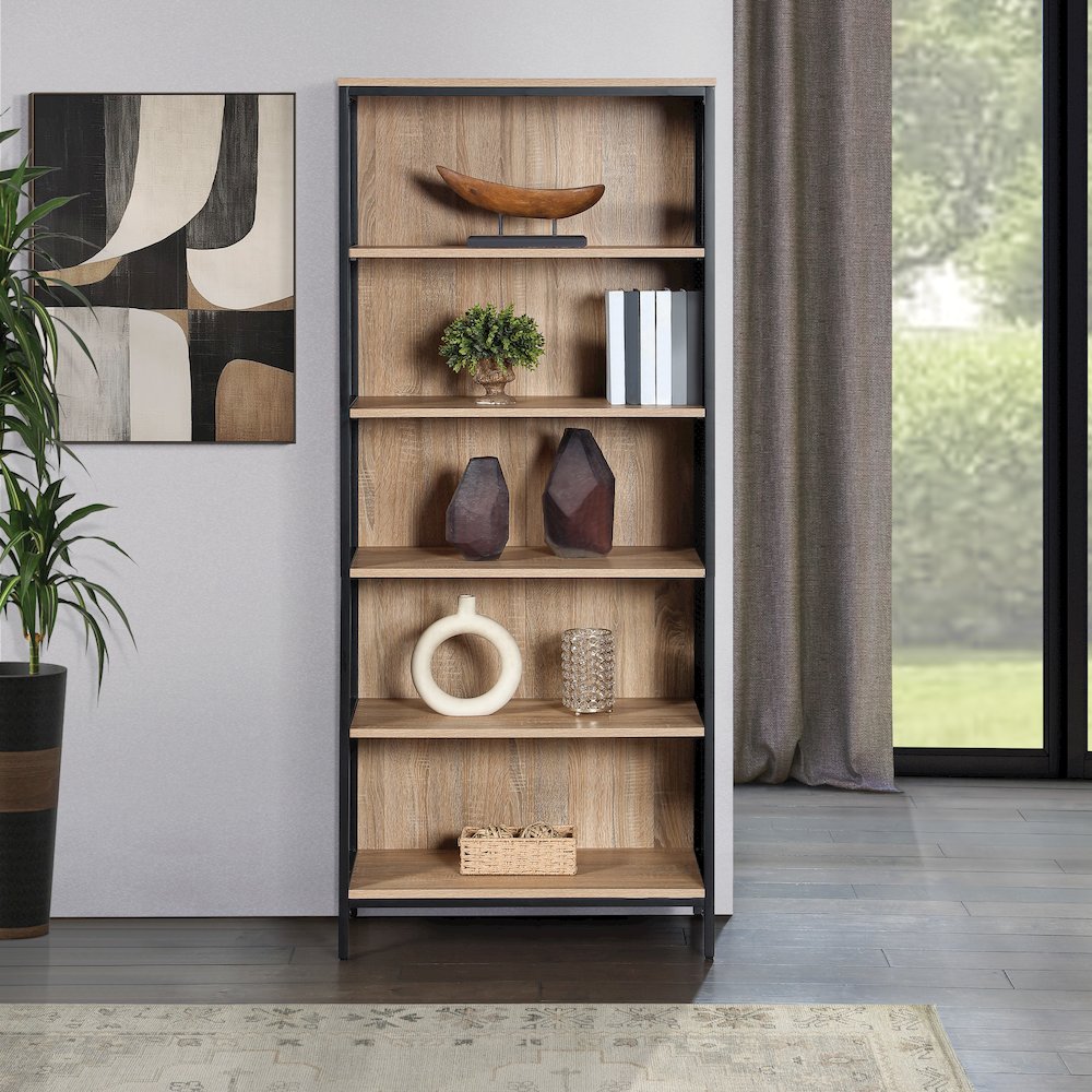 Ace 72” 5-Shelf Bookcase in Rustic Oak Finish. Picture 9