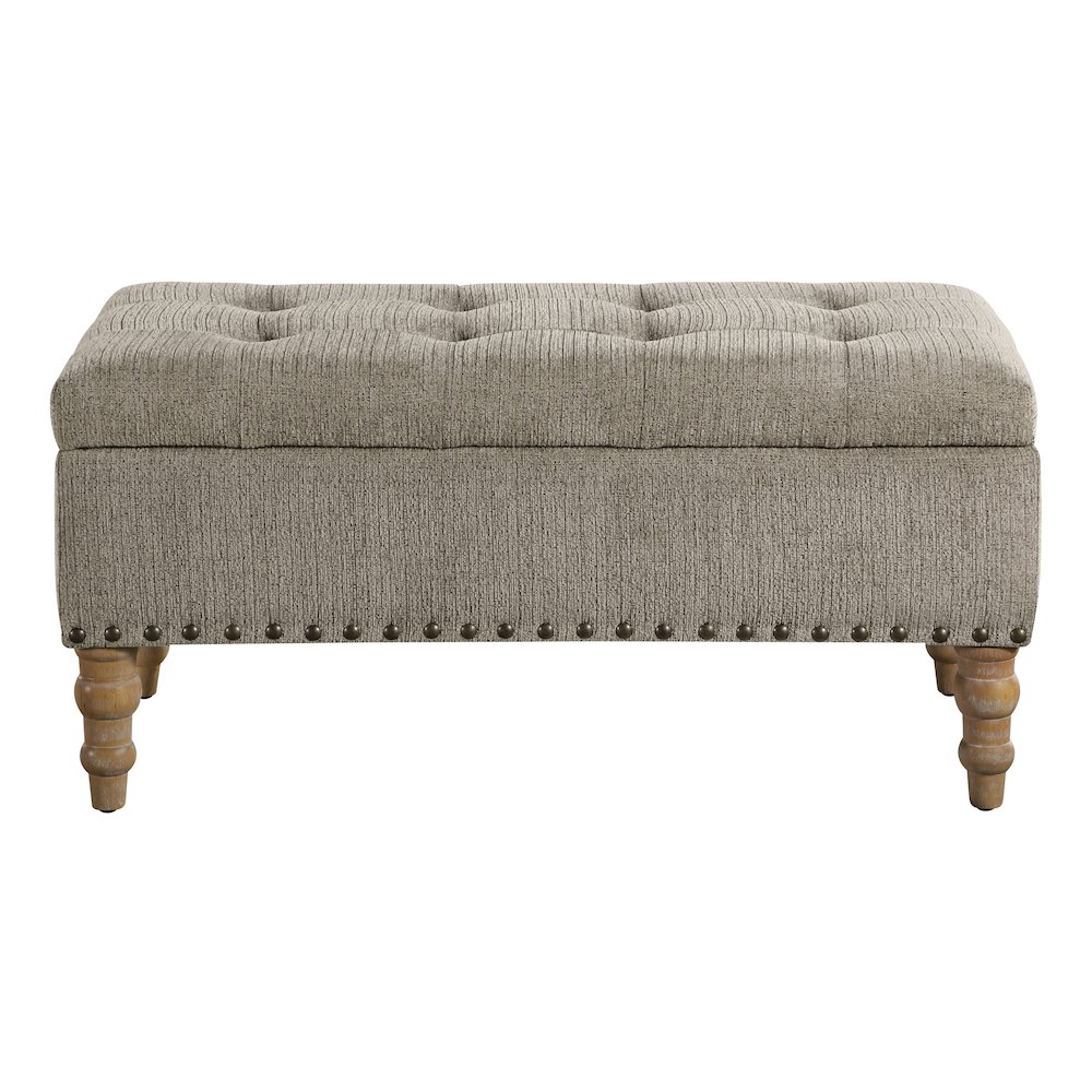 Woodbury Storage Bench In Taupe With Antique Bronze Nail Heads With Brushed Legs. Picture 3