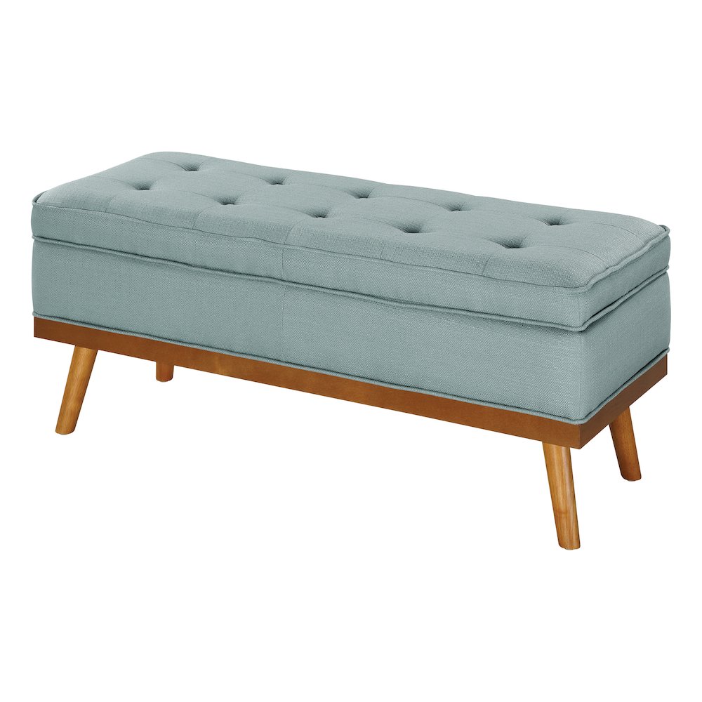 Katheryn Storage Bench in Sea Blue Fabric with Spice Finish Legs. Picture 4