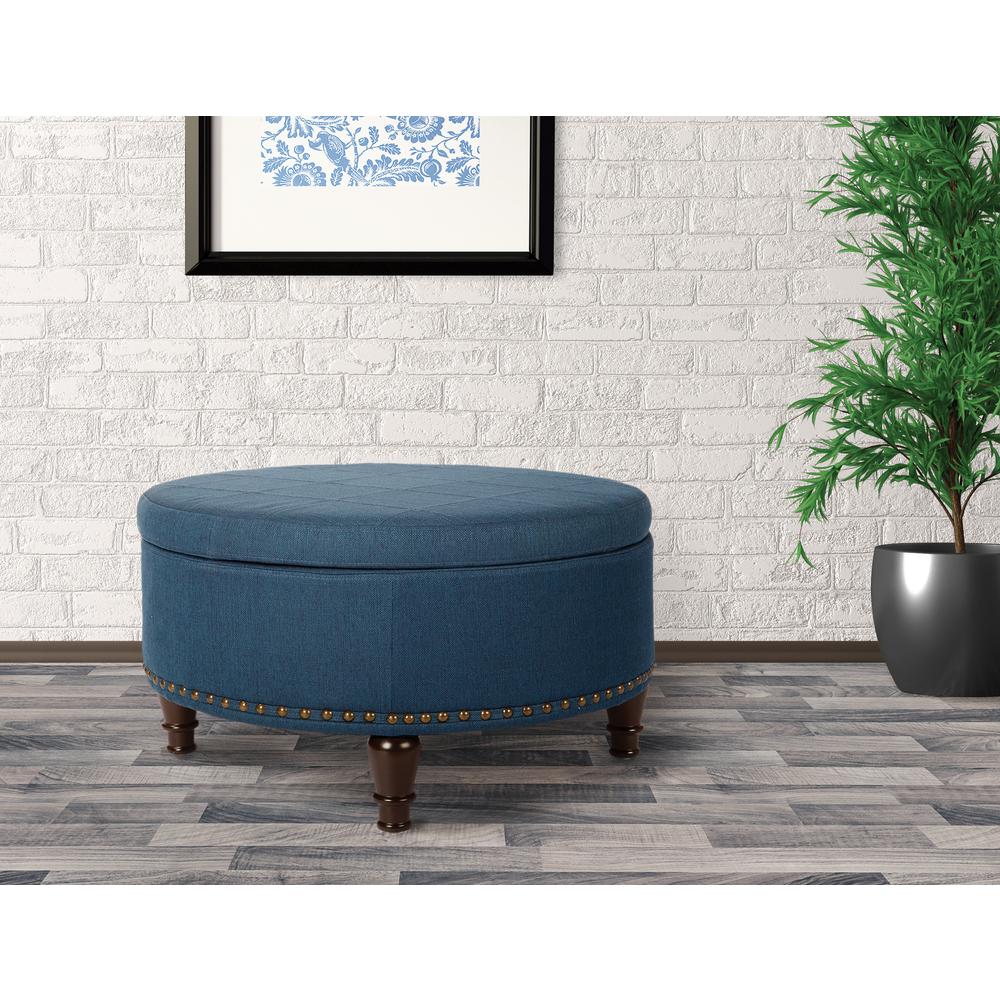 Augusta Round Storage Ottoman in Klein Azure Fabric  with decorative nailheads, BP-AUOT32-K14. Picture 3