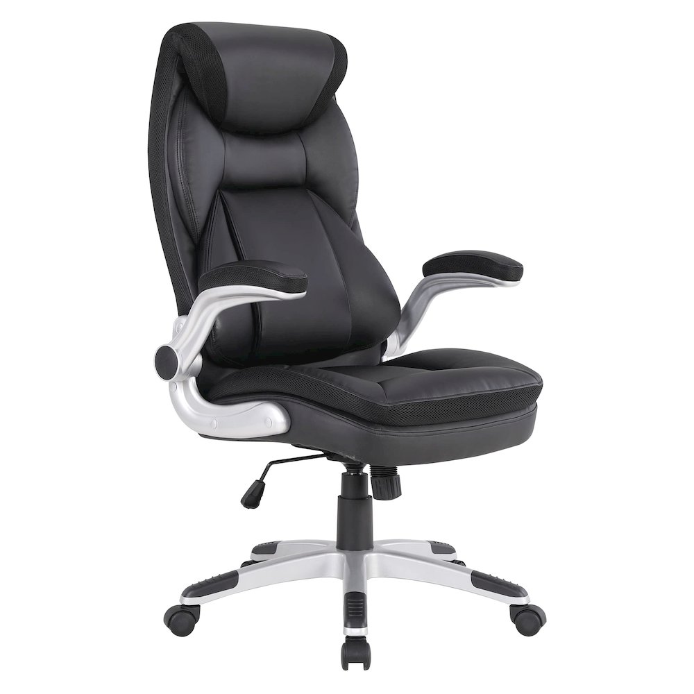 Executive Black Bonded Leather Chair with Silver Coated Nylon Base. Picture 1
