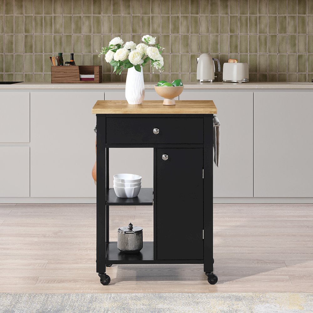 Derry Kitchen Cart with Natural Butcher Block Top With Black Finish. Picture 10