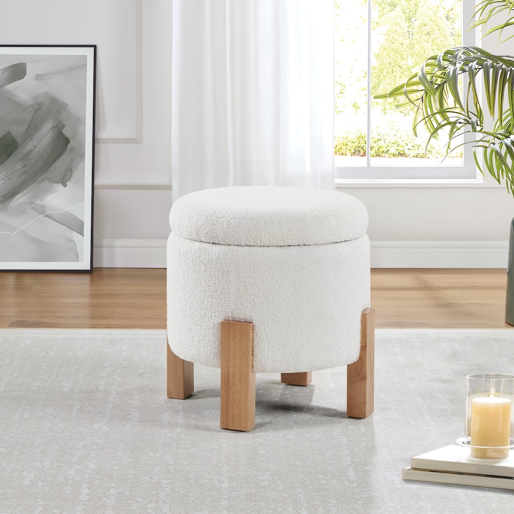 Annie Storage Ottoman in Ivory Sherpa Fabric with Natural Finish Legs. Picture 4