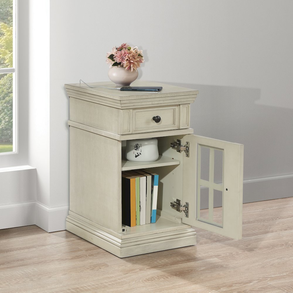 Chair Side Table with 1 Drawer and 1 Glass Door with Power Strip in White Finish. Picture 8