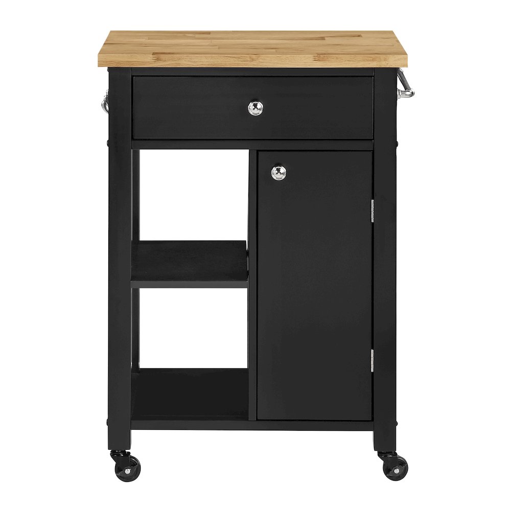 Derry Kitchen Cart with Natural Butcher Block Top With Black Finish. Picture 2