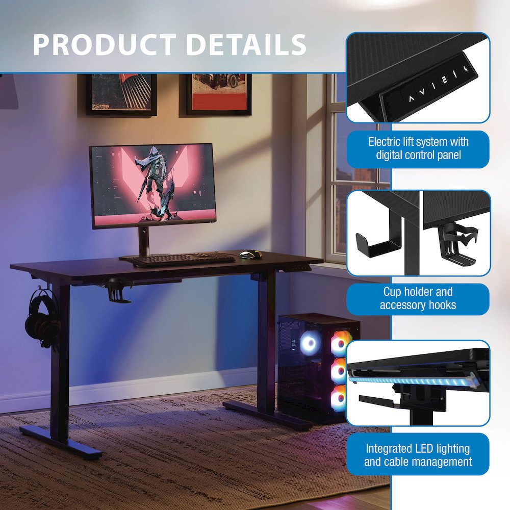 Primo 48" Electric Height Adjustable Gaming Desk in Black Carbon Fiber Finish. Picture 12