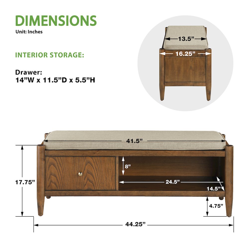 Marilyn Storage Bench with Walnut Wood finished and Brown Fabric Padded seat. Picture 3