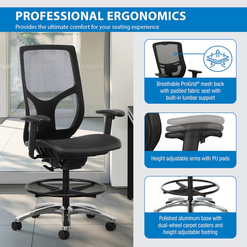 ProGrid Mesh Back Drafting Chair with Black Mesh Seat, PU Padded. Picture 10